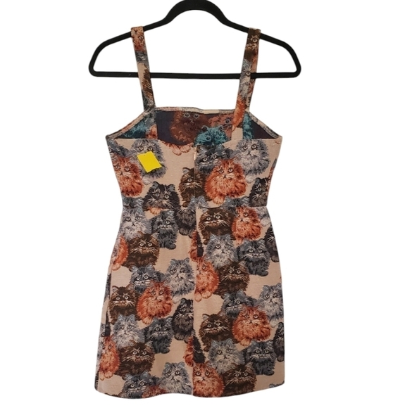 Cat Print Dress Tapestry Mini wide shoulder straps Sleeveles size x-Small brown - Picture 2 of 3